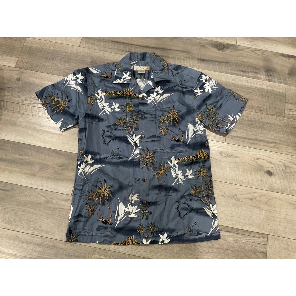 High Surf Men Blue Hawaiian Island Map Tropical Cotton Button Up Shirt Medium